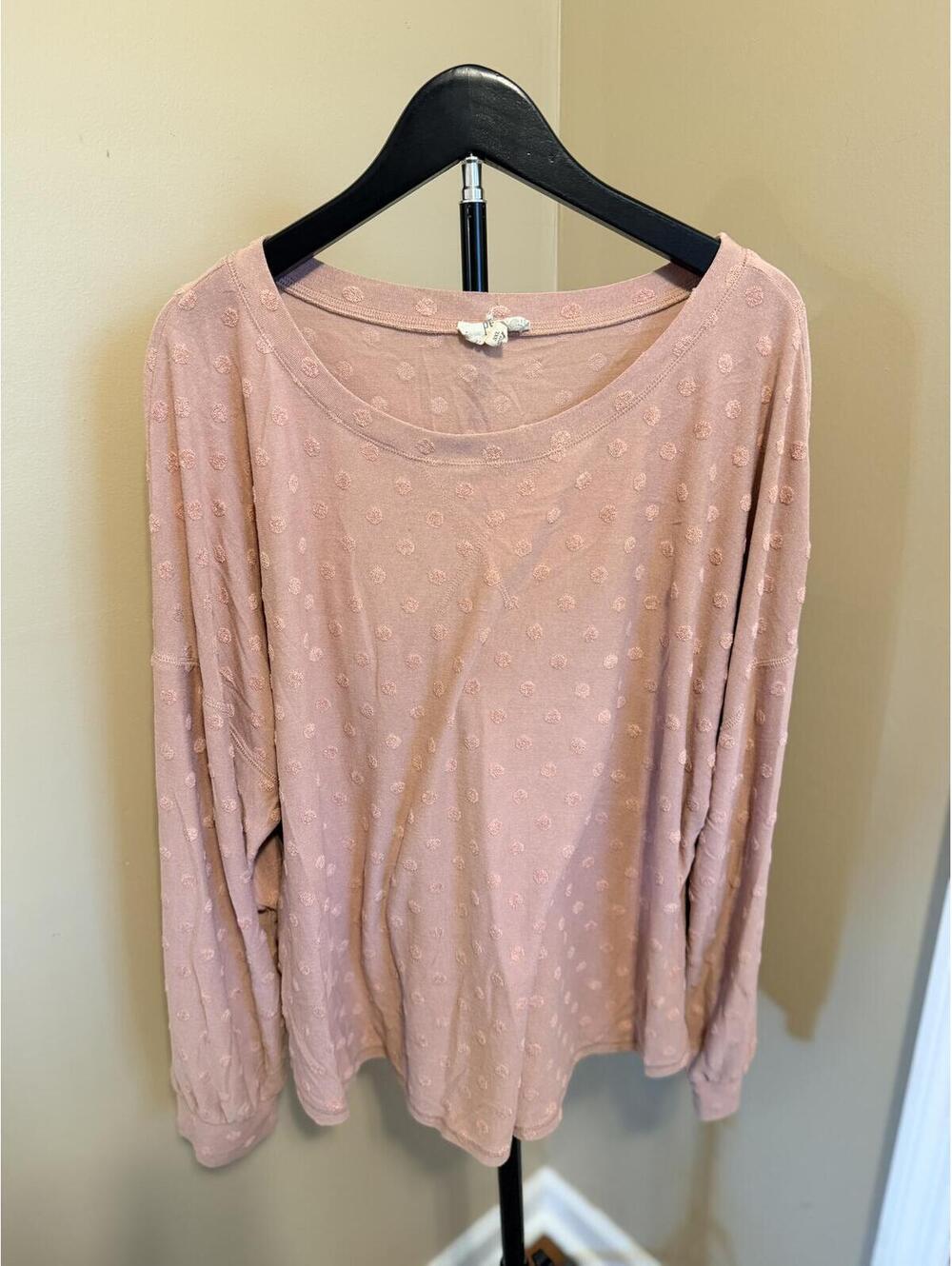 Perch Pink Swiss Dot Long Sleeve Top Women's 3X Blush Textured Casual Blouse